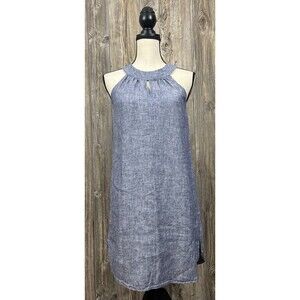 St. Tropez West Blue Chambray Sleeveless Linen Tunic Dress High Neck Size XS